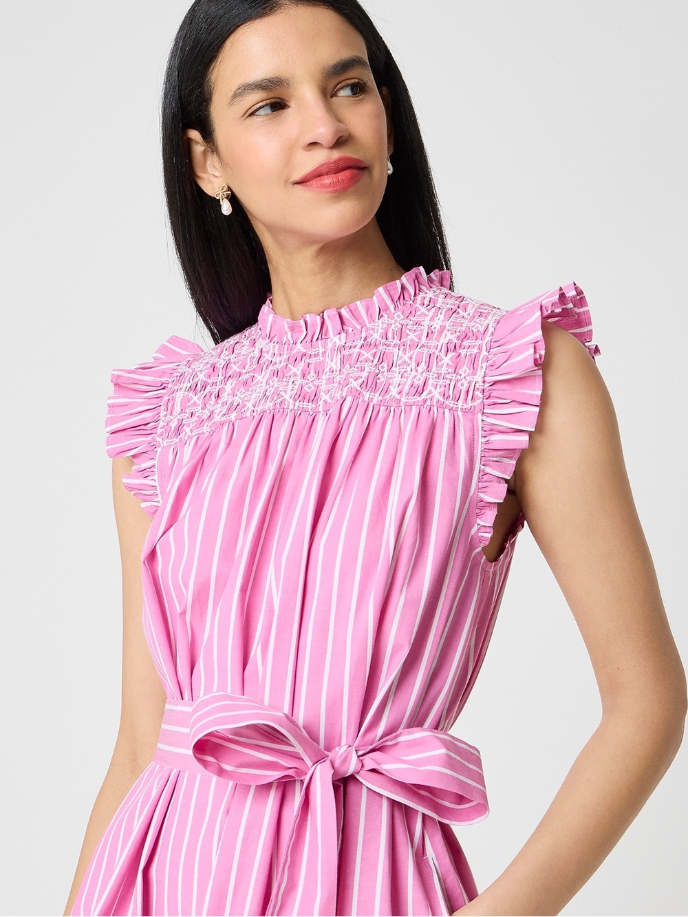 JCrew Pink Striped Smocked Ruffle Mini Dress Coquette Southern Prep Garden Party - Picture 2 of 10